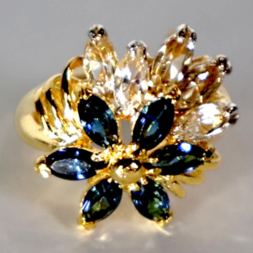Swarovski Crystal Flower Ring 14k Gold Overlay Marquise Blue Clear Size 5 New